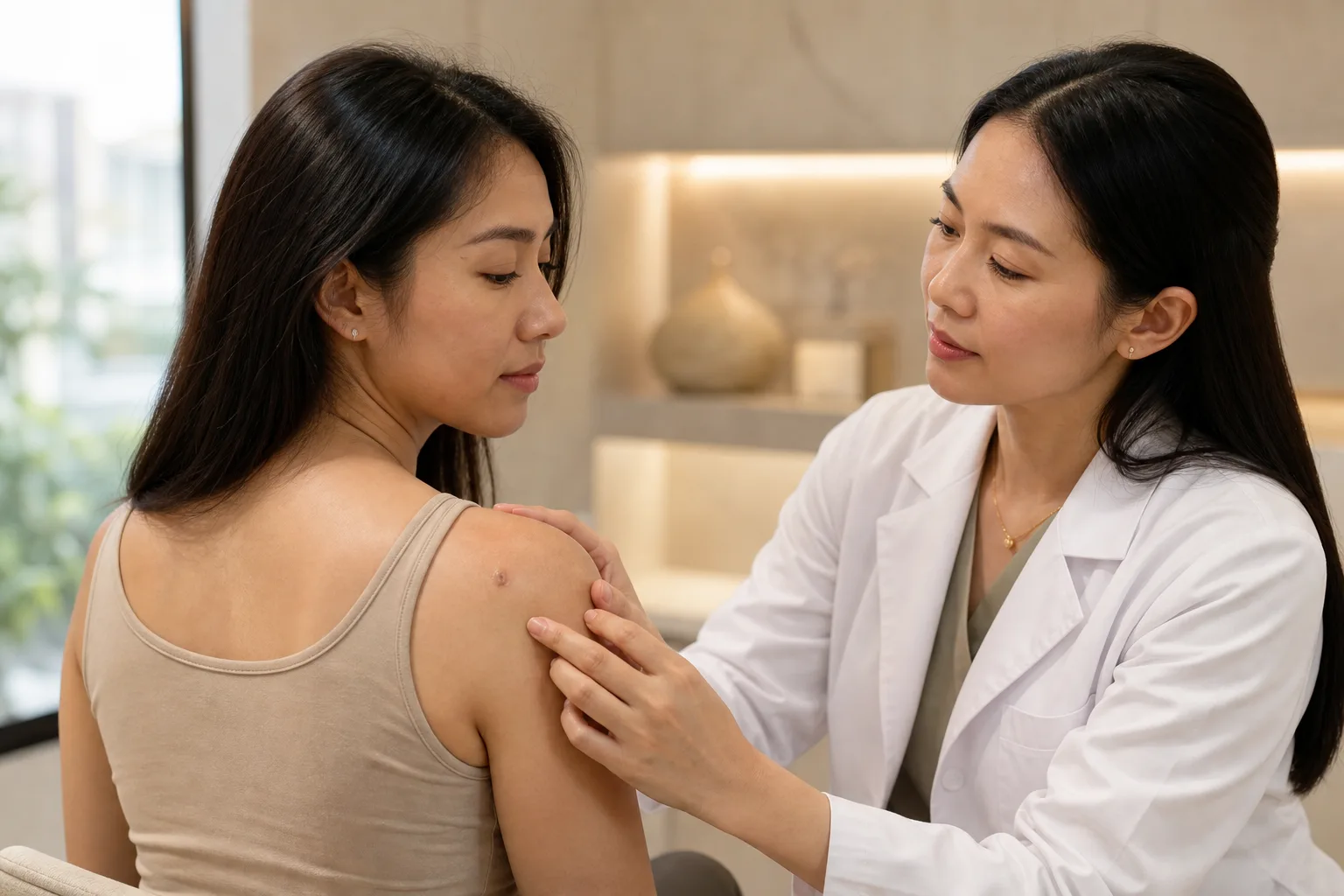 Doctor examining a raised keloid scar before removal at DrPlus Johor Bahru
