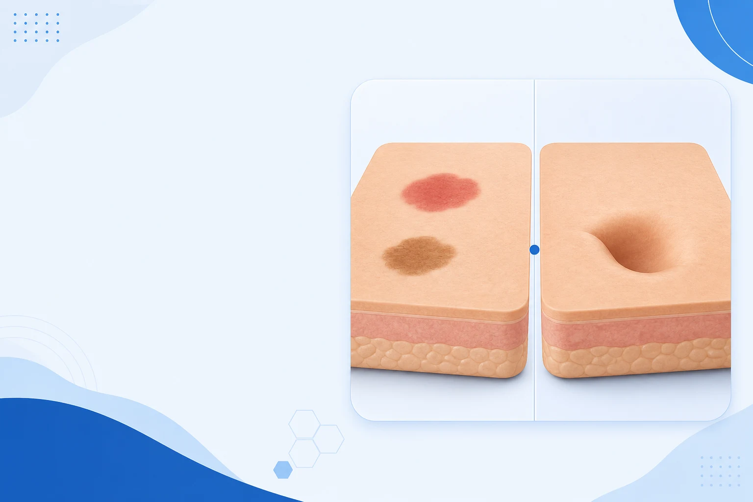Comparison illustration of flat red and brown post-acne marks beside a depressed acne scar