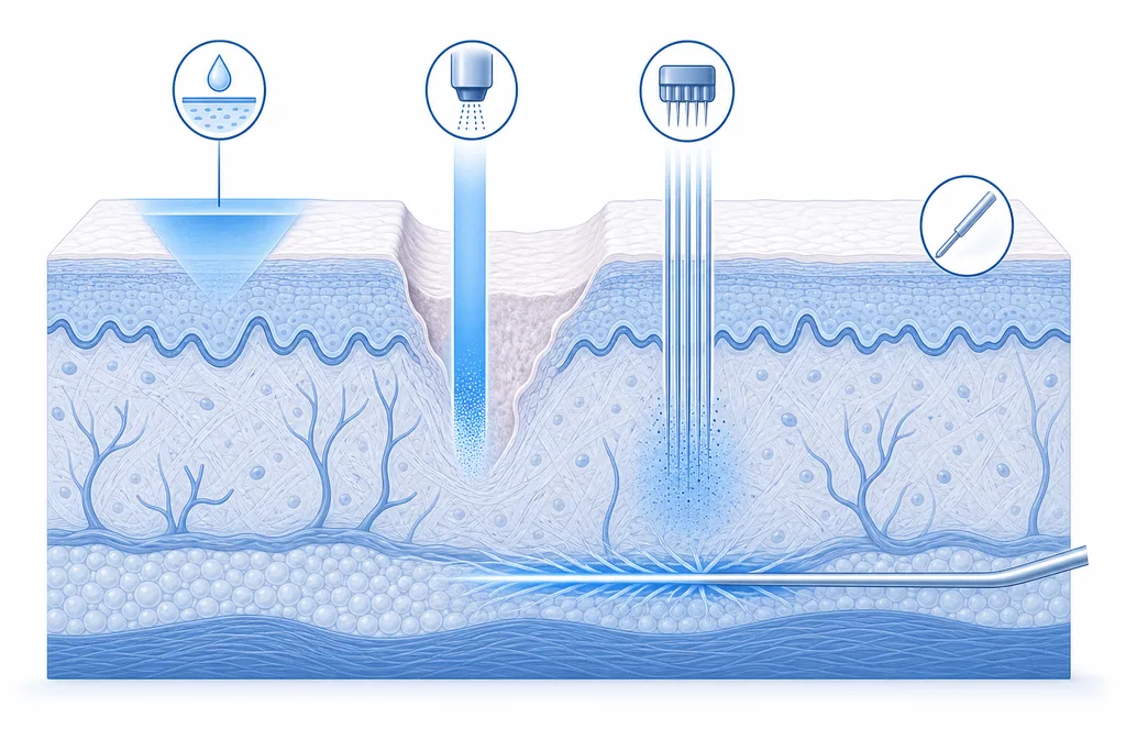 Diagram comparing how deep chemical peels, CO₂ laser, RF microneedling and subcision reach into the skin