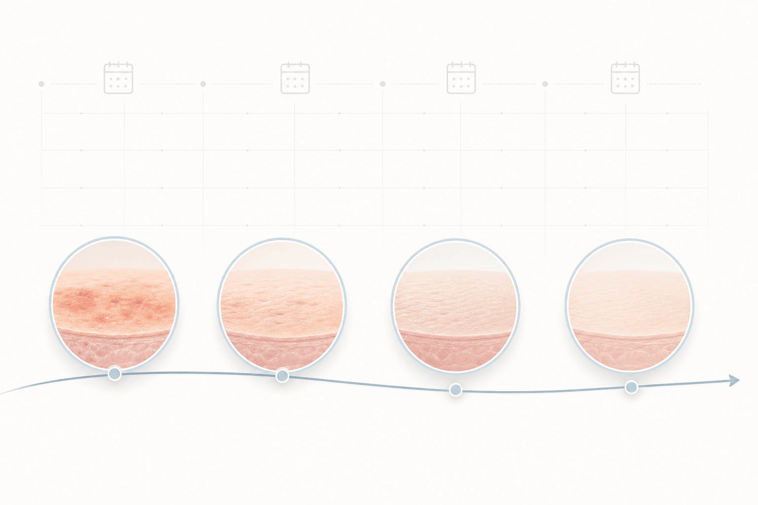 Calendar-style illustration showing the week-by-week recovery timeline after acne scar treatment