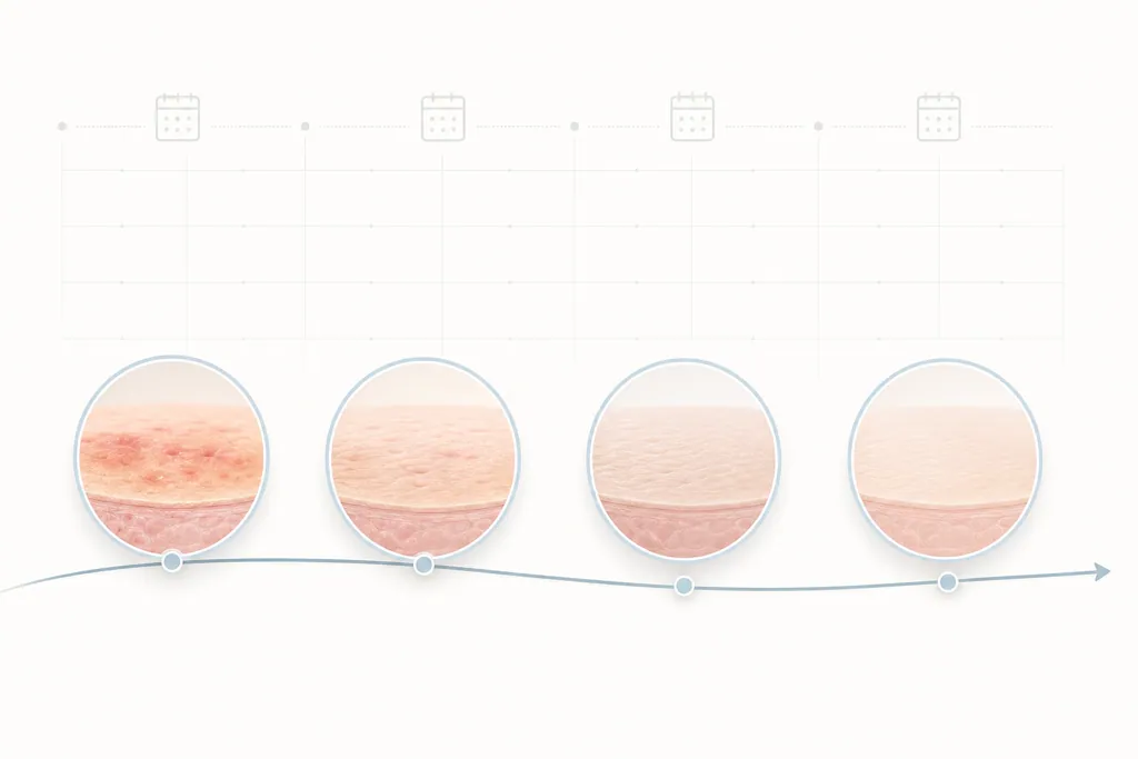Calendar-style illustration showing the week-by-week recovery timeline after acne scar treatment