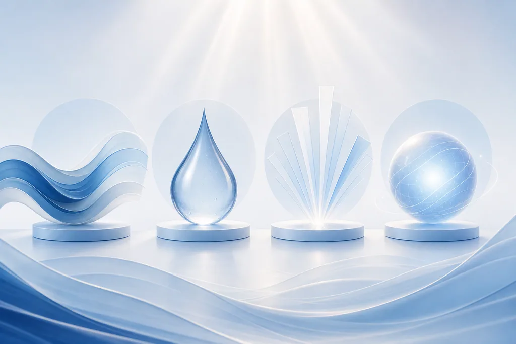 Abstract blue illustration of several distinct treatment options displayed on pedestals, representing alternatives to Botox.
