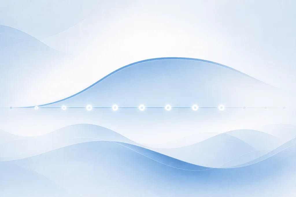Abstract blue timeline curve that rises, plateaus and gently fades, illustrating how long Botox results last and the aftercare period.