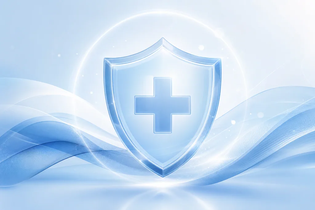Abstract blue protective shield with a medical cross, representing the safety profile and possible side effects of Botox.