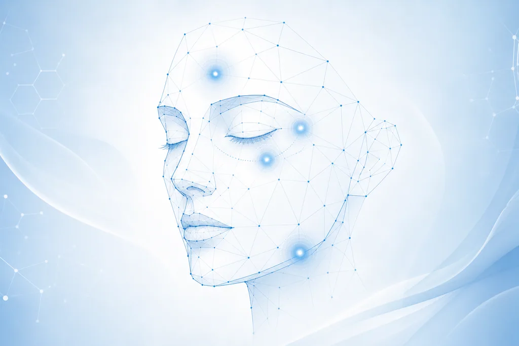 Abstract blue line-art face map highlighting the common facial areas treated with anti-wrinkle injections.