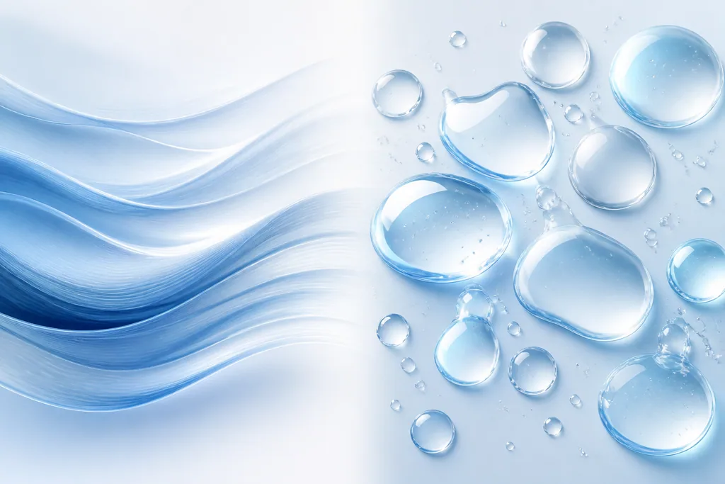 Abstract split illustration of smoothing waves versus volumising gel droplets, comparing how Botox and dermal fillers work.