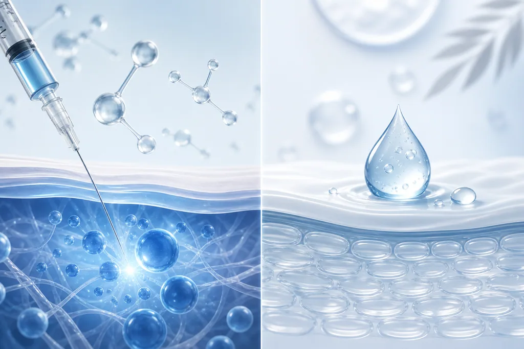 Abstract split illustration comparing injectable anti-wrinkle treatment working beneath the skin with a topical skincare serum on the surface.