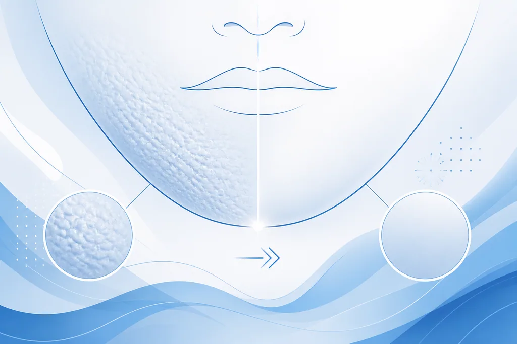 Abstract blue illustration contrasting a dimpled, orange-peel chin texture with a smooth chin, illustrating chin Botox for a dimpled chin.