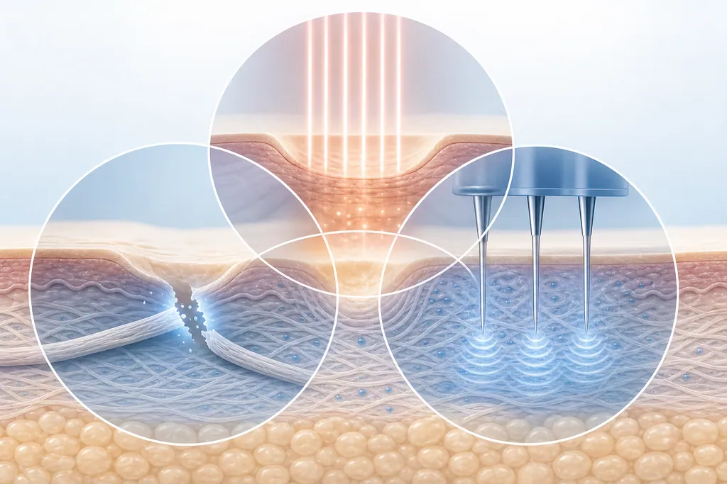 Illustration of a layered acne scar treatment plan combining subcision, laser and microneedling