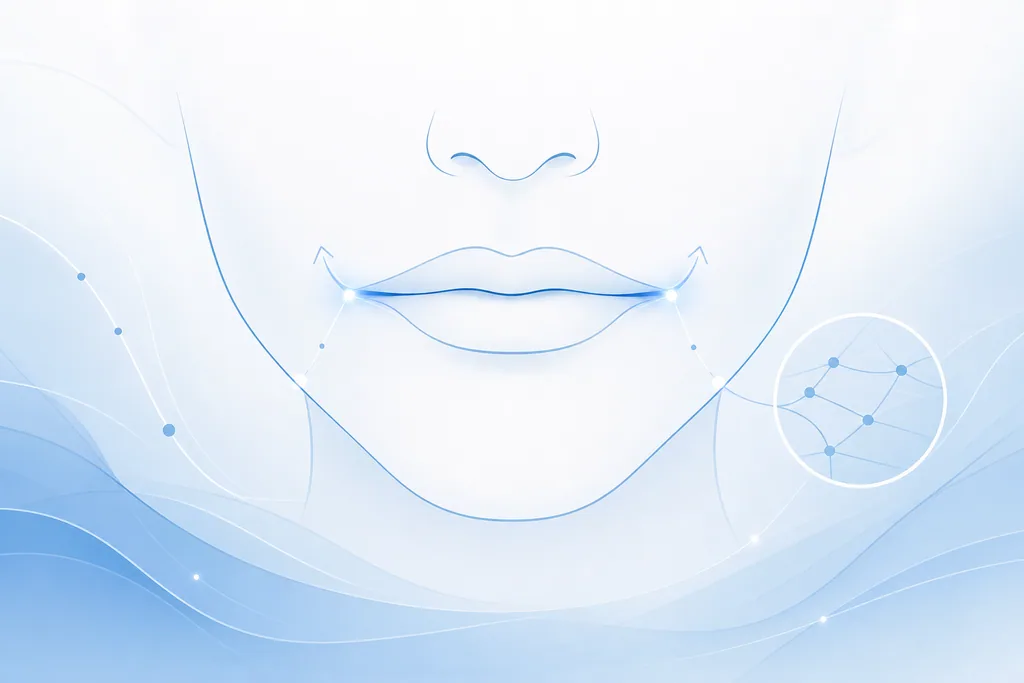 Abstract blue line-art of the lower face and mouth corners, illustrating Botox for downturned mouth corners by relaxing the DAO muscle.