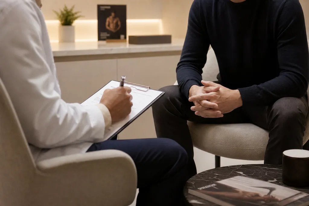 Private men's wellness consultation with doctor in a premium clinical setting