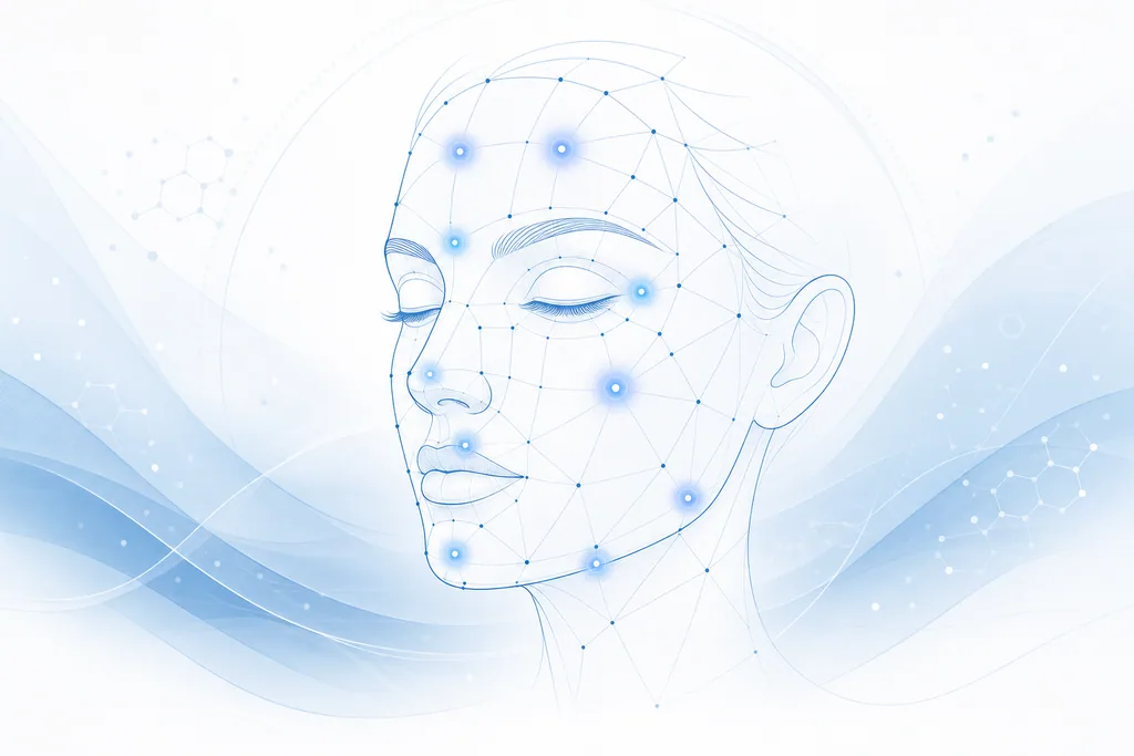 Abstract blue line-art face map marking multiple anti-wrinkle treatment zones across the full face.