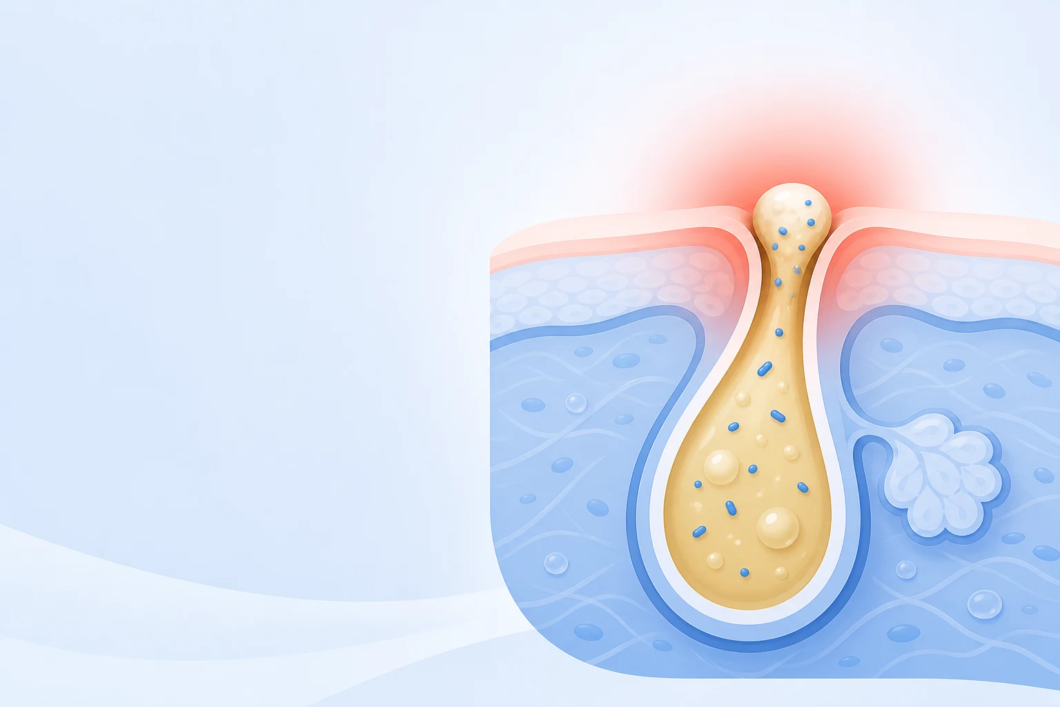 Diagram showing how a clogged pore, oil, bacteria and inflammation combine to form an acne lesion