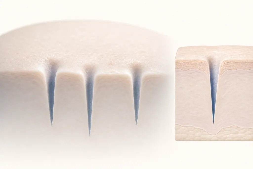 Illustration of narrow, deep ice pick acne scars extending into the lower layers of the skin