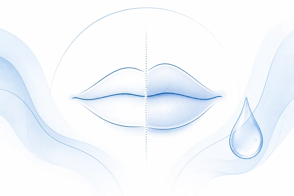 Abstract blue line-art of lips comparing a subtle Botox lip flip with added volume from lip filler.