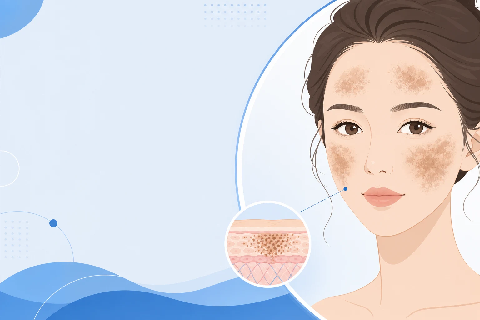 Illustration of symmetrical melasma patches on the cheeks with a skin-depth cross-section