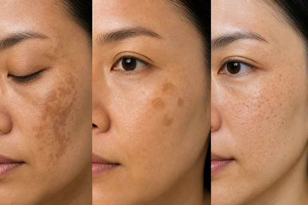 Comparison showing three pigmentation types on Asian skin — melasma patches, sun spots, and freckles