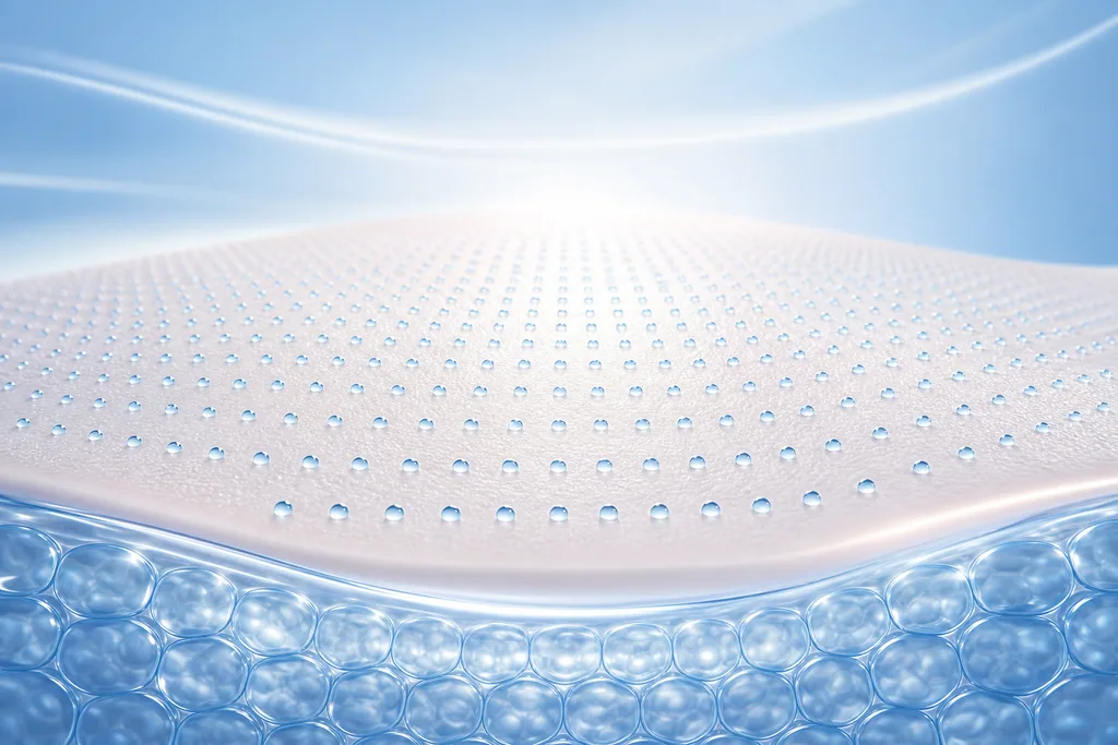Abstract blue illustration of fine micro-droplets across a refined skin surface, representing micro-Botox and meso-Botox techniques.
