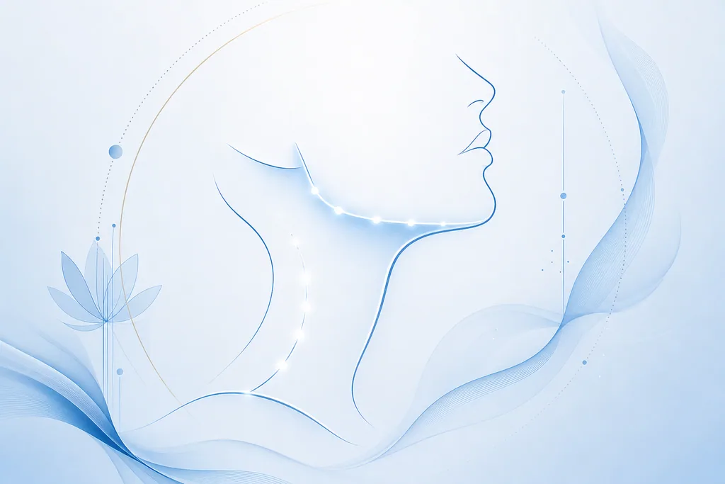Abstract blue profile line-art of a defined jaw and neck contour, representing the Nefertiti lift using Botox.