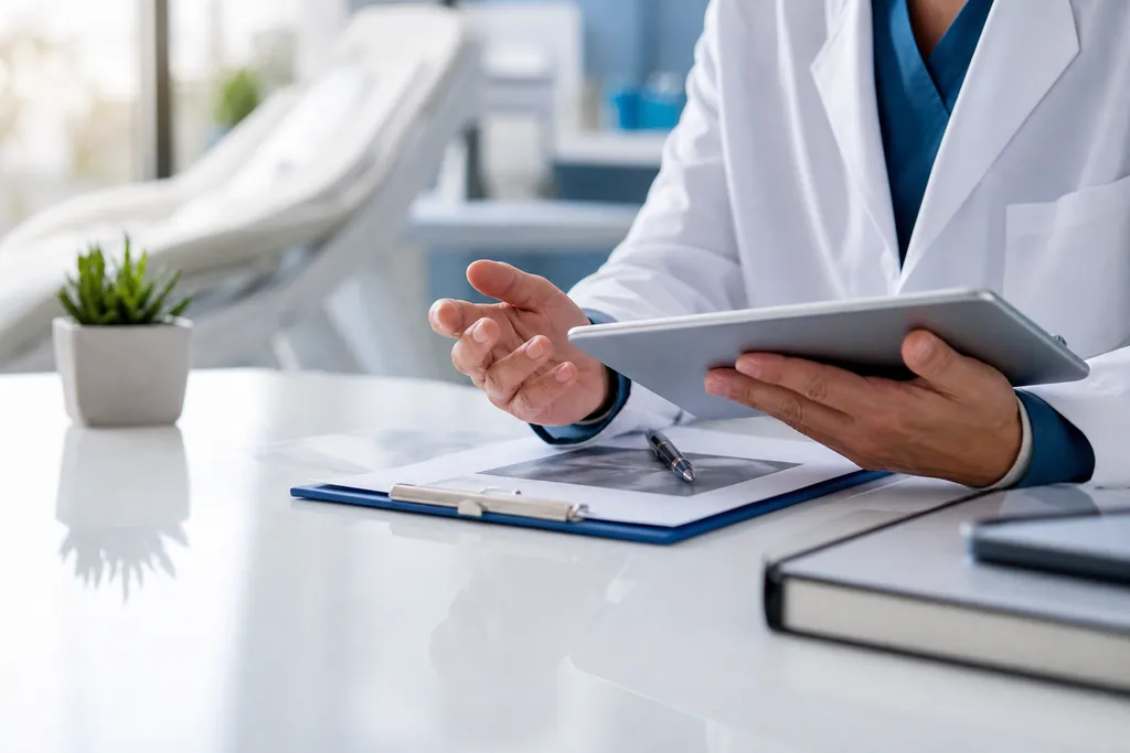 Doctor reviewing a treatment plan on a tablet at a clinic consultation desk in Johor Bahru