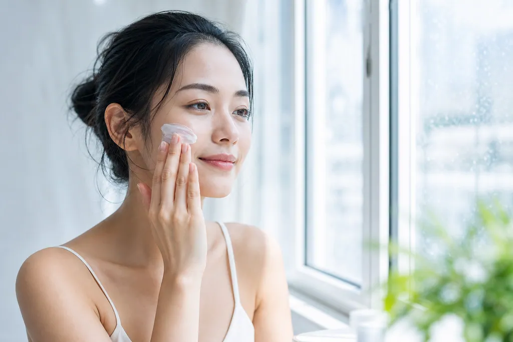 Woman gently applying moisturiser to her face by a bright window during skin recovery