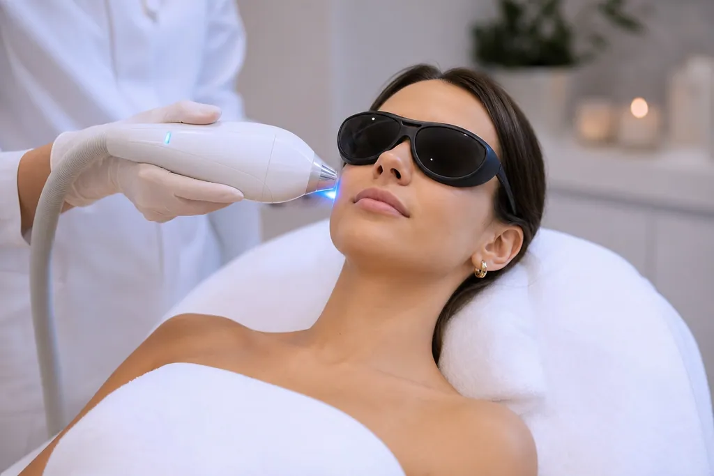 Woman receiving a gentle aesthetic laser facial treatment while wearing protective eyewear