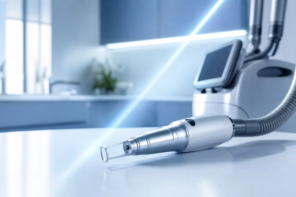 Modern picosecond pico laser handpiece on a clean surface in a bright aesthetic clinic