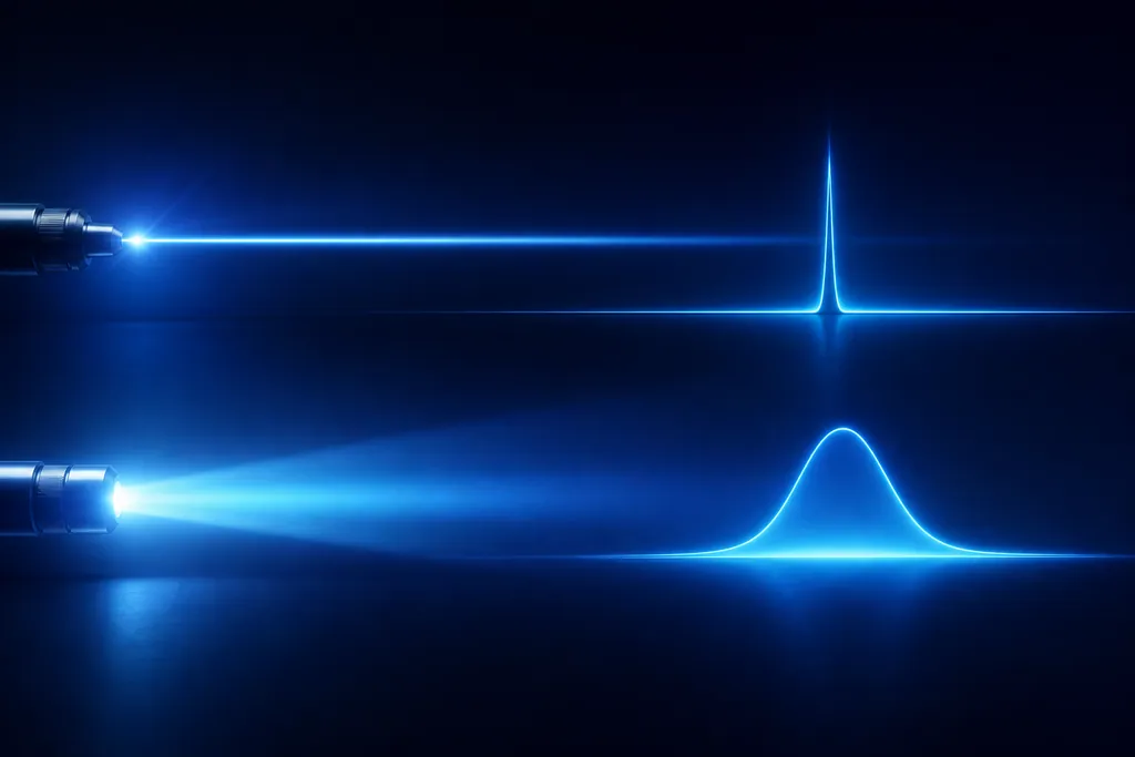 Two laser beams with a short sharp pulse and a broader pulse, illustrating picosecond versus Q-switched lasers