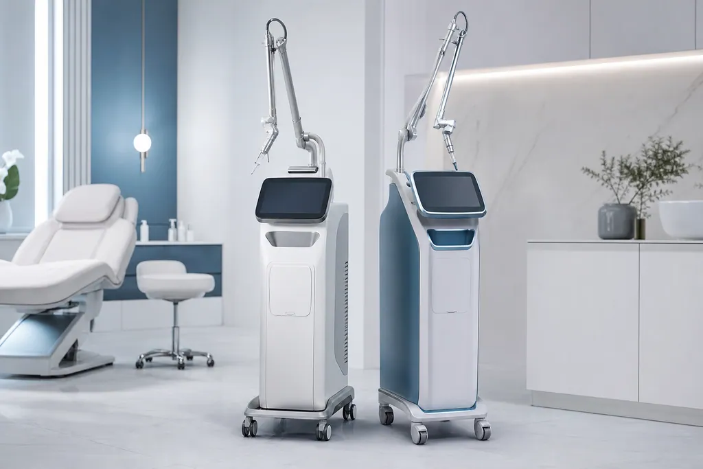 Two modern aesthetic laser device consoles standing side by side in a premium clinic