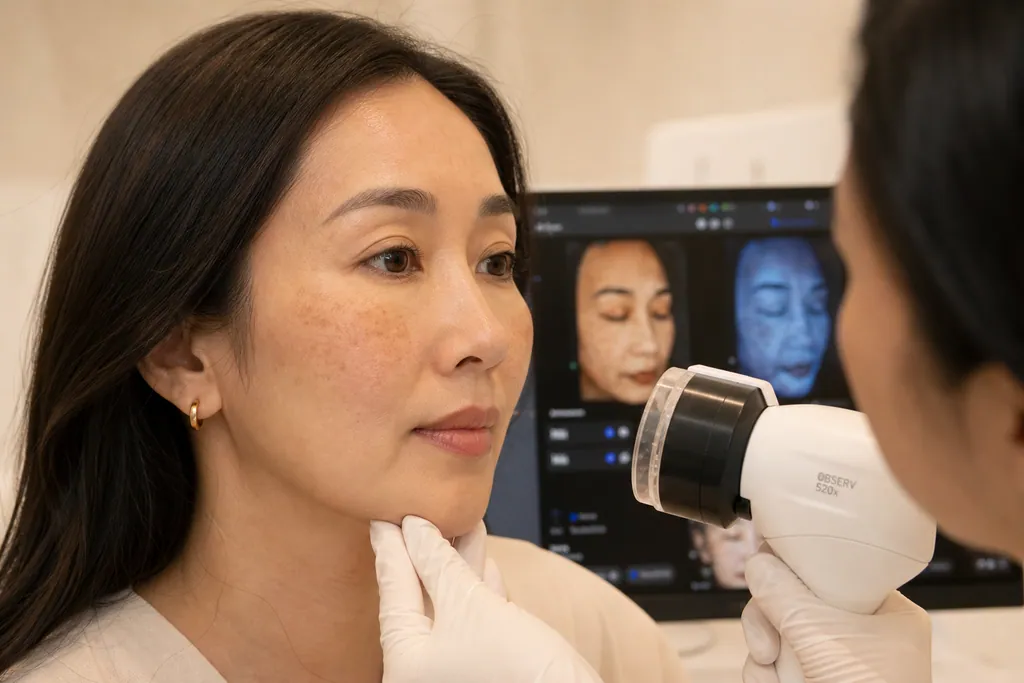 Asian woman receiving a professional skin analysis for pigmentation assessment at an aesthetic clinic