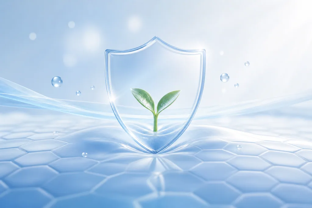 Abstract blue protective shield over smooth skin with a small young sprout, representing preventative Botox started early.