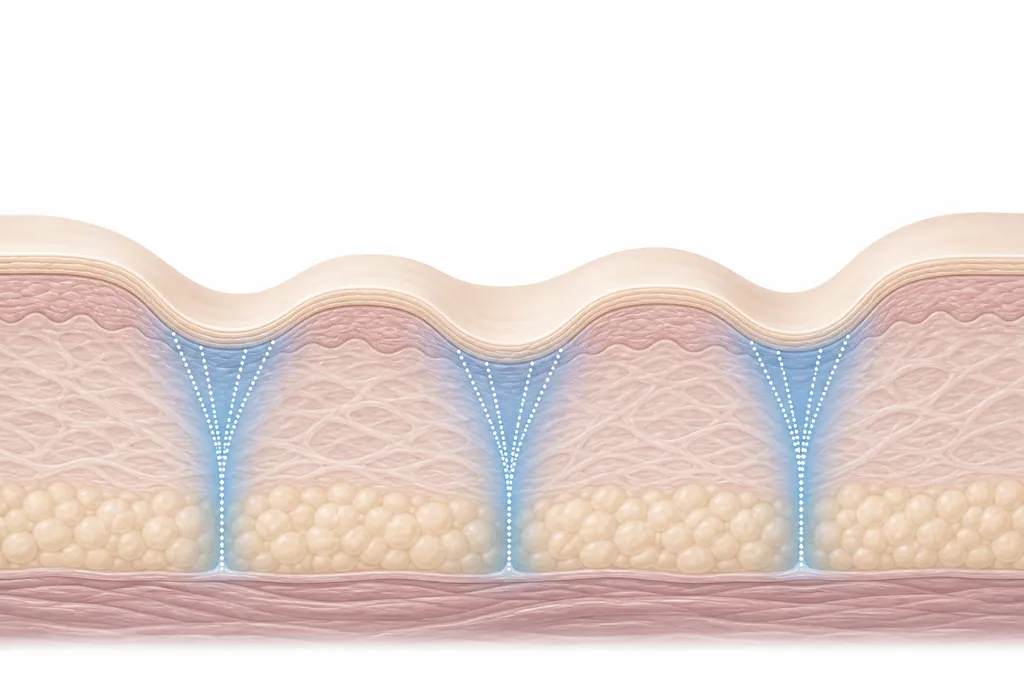 Illustration showing rolling acne scars and the fibrous bands tethering the skin surface downward
