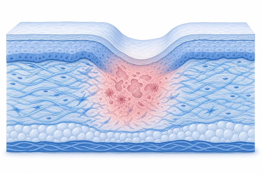 Cross-section diagram of skin showing how inflammation breaks down collagen and forms an atrophic acne scar