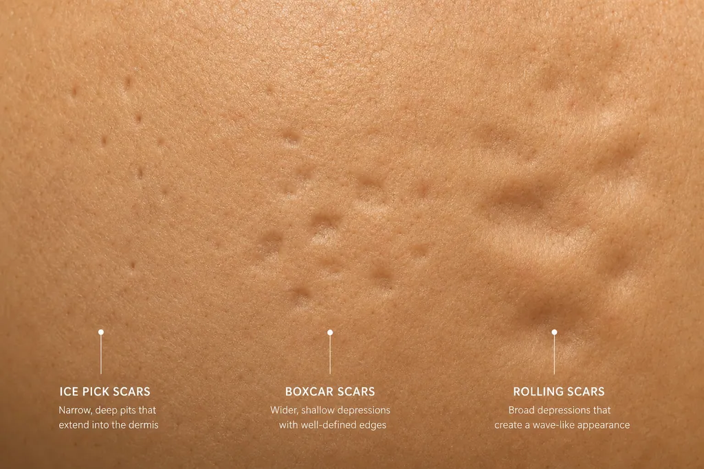 Close-up showing different types of acne scars — ice pick, boxcar, and rolling scar patterns on skin