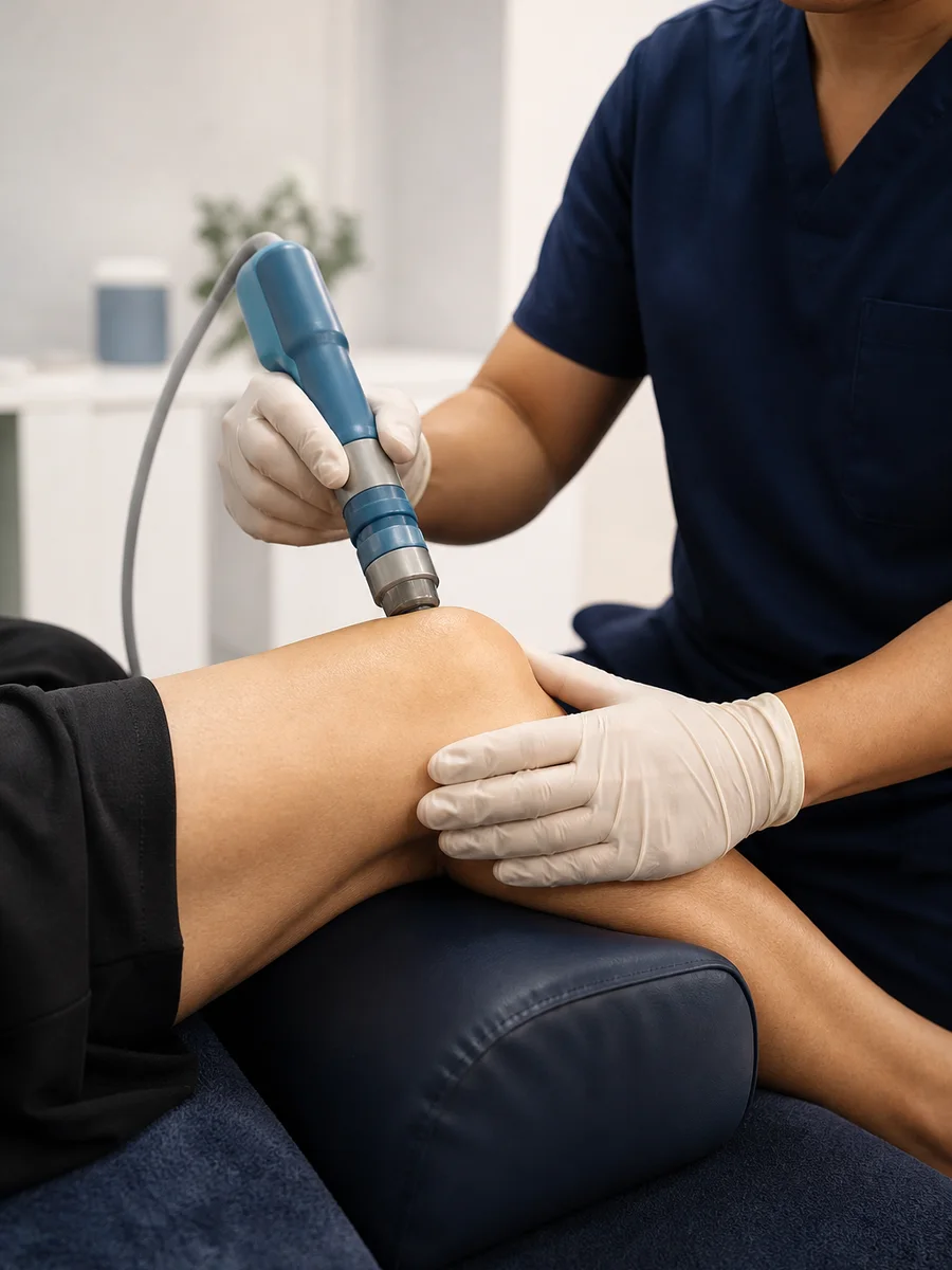 Clinician applying shockwave therapy to a patient's knee