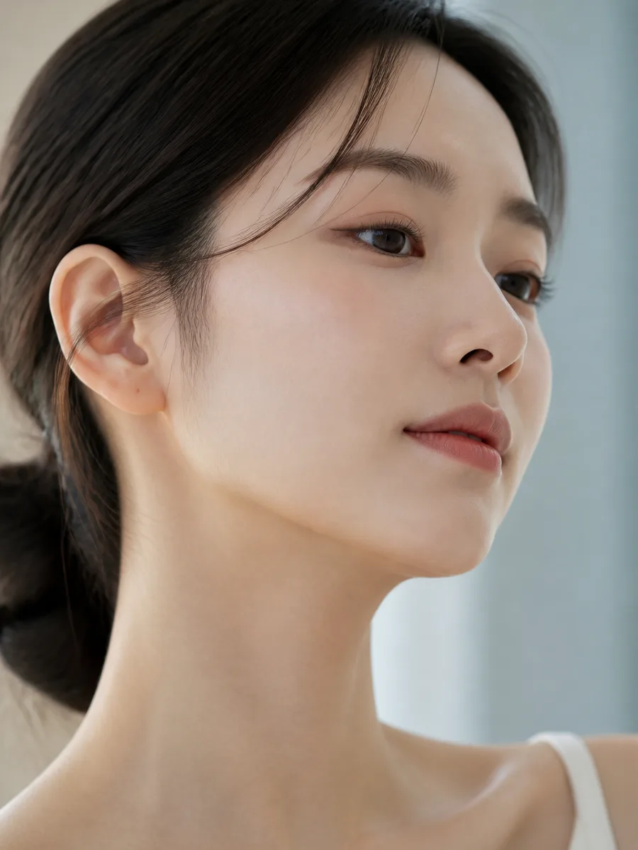 Close beauty portrait of an Asian woman with refined jaw and chin contour