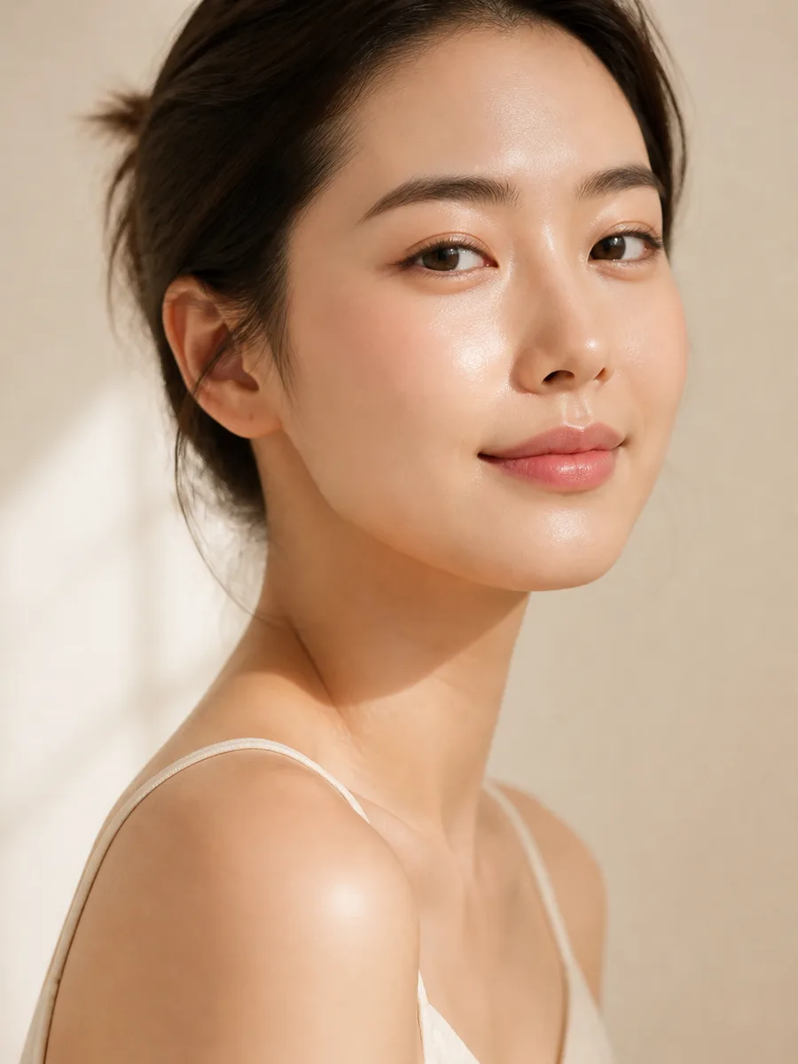 Young Asian woman with firm-looking jawline and radiant skin