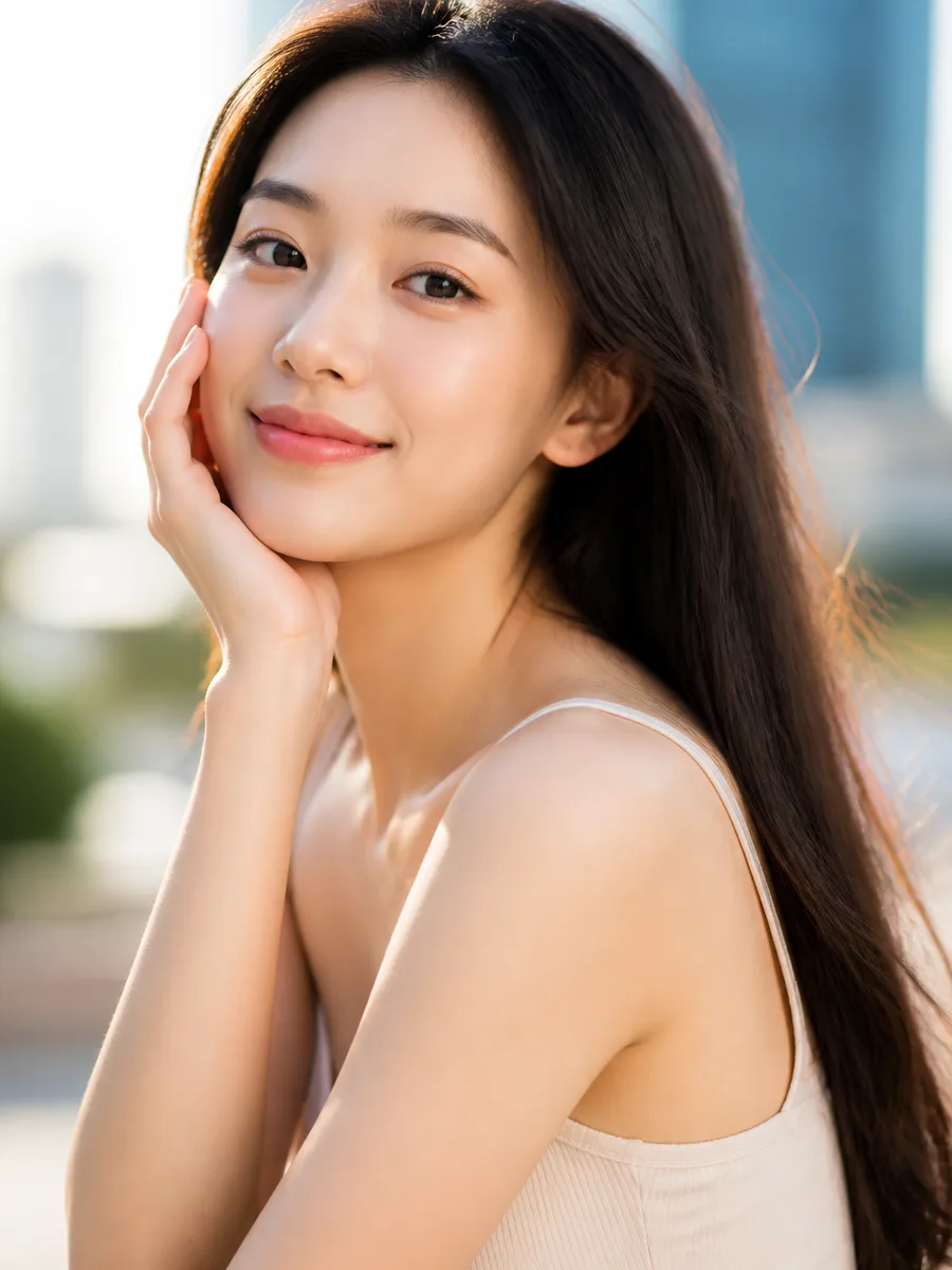 Asian woman outdoors with rested, radiant skin and soft morning light