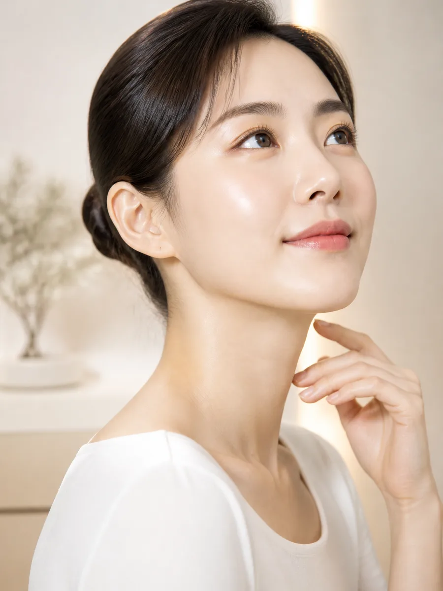 Asian woman with aspirational glass skin in soft upward light