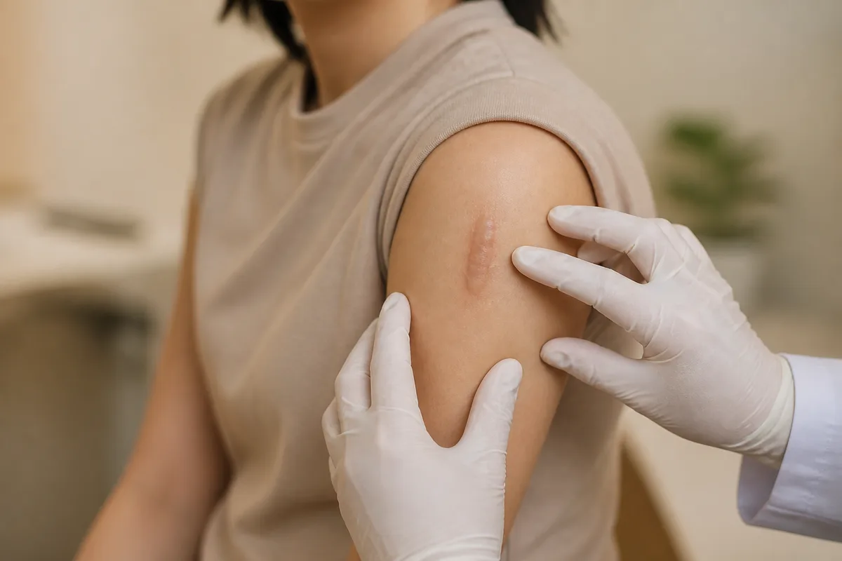 Doctor assessing a keloid scar during a removal consultation at DrPlus