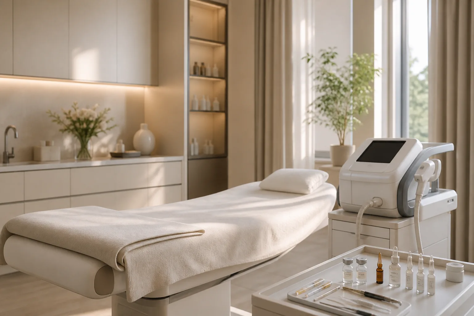 Treatment room prepared for keloid injection and laser protocols at DrPlus