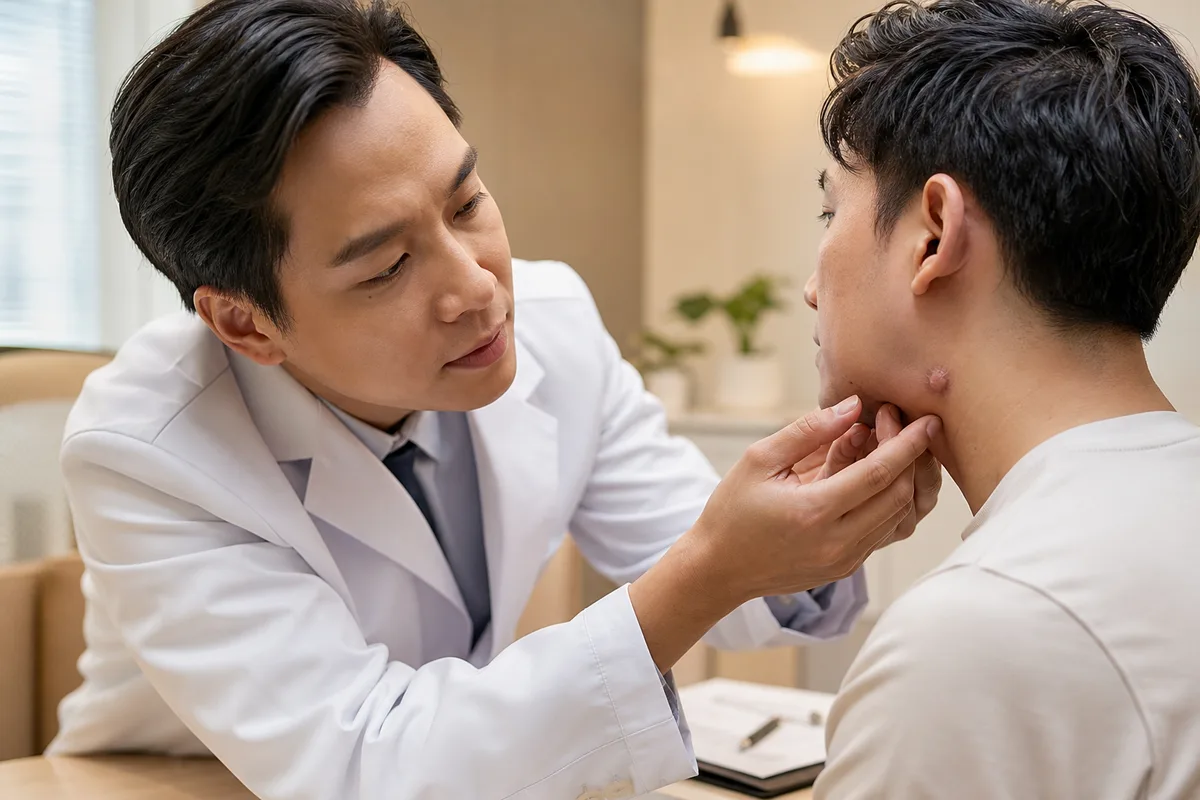 Doctor examining a raised keloid scar during assessment at DrPlus