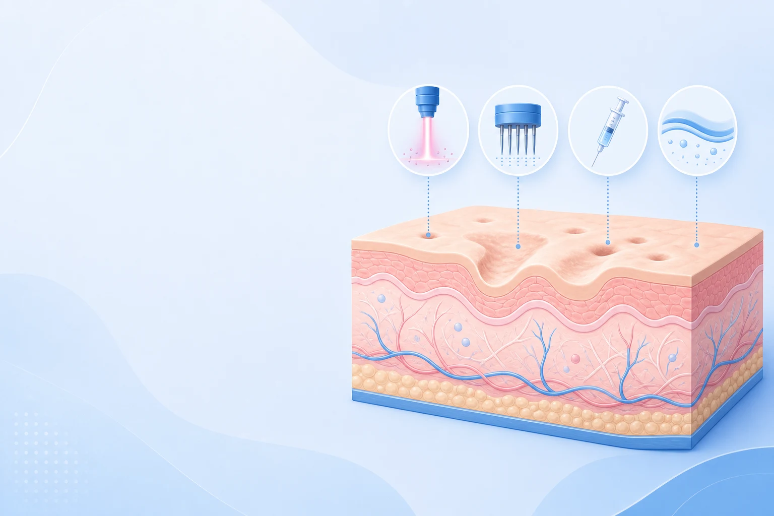 Overview diagram of acne scar treatment options arranged by the skin depth each one reaches
