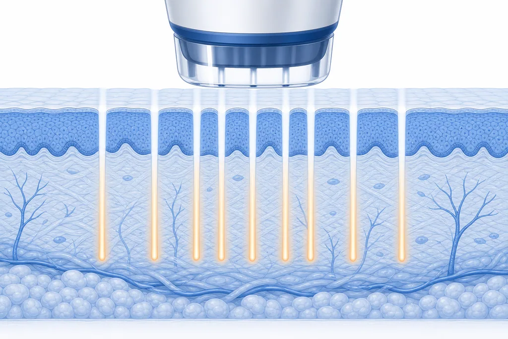 Diagram of a fractional CO₂ laser creating microscopic treatment columns into the dermis of the skin