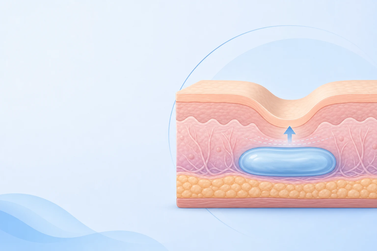 Before-and-after diagram of a depressed acne scar lifted toward skin level by filler placed beneath it