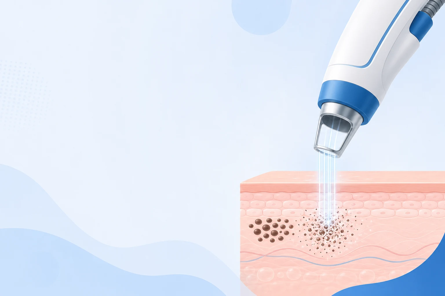 Diagram of picosecond laser pulses shattering clustered pigment into fine particles in the skin