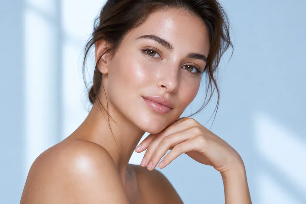 Woman with healthy, even-toned, radiant skin in soft blue-white light