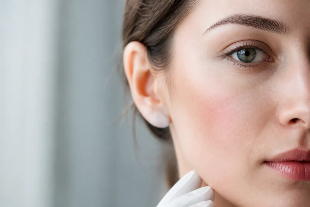 Close-up of a woman's cheek with natural skin tone in soft, even light