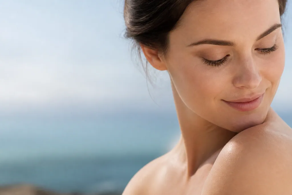 Calm, clear, healthy skin on a woman's face and shoulder in soft natural light