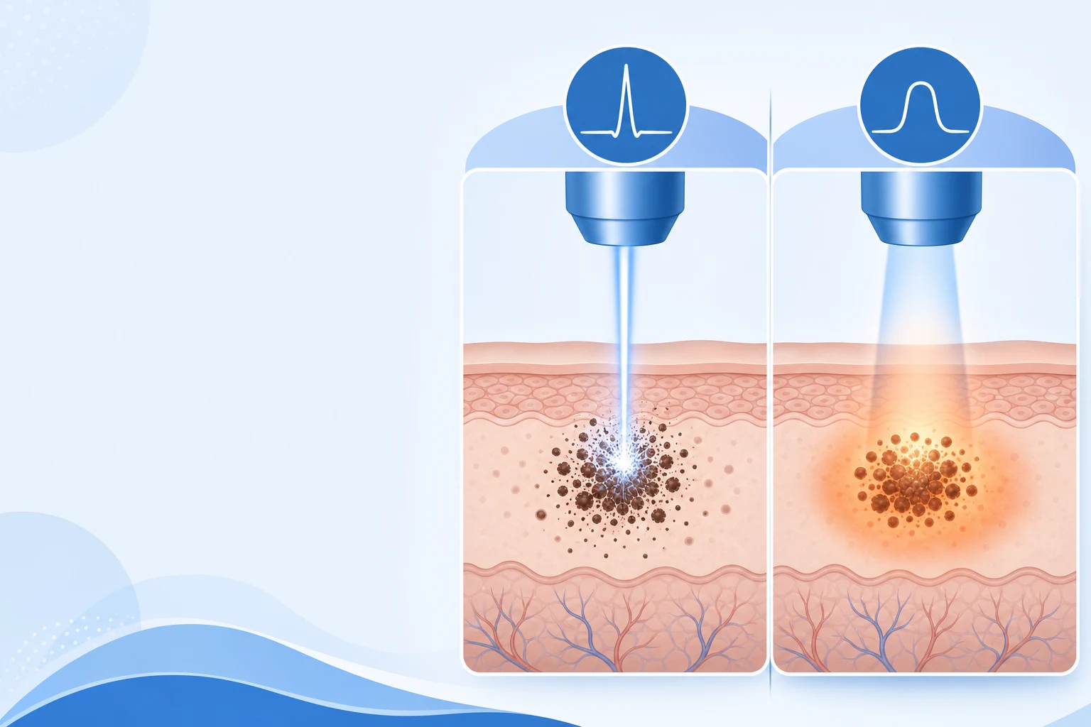 Diagram comparing picosecond and nanosecond laser pulses acting on skin pigment